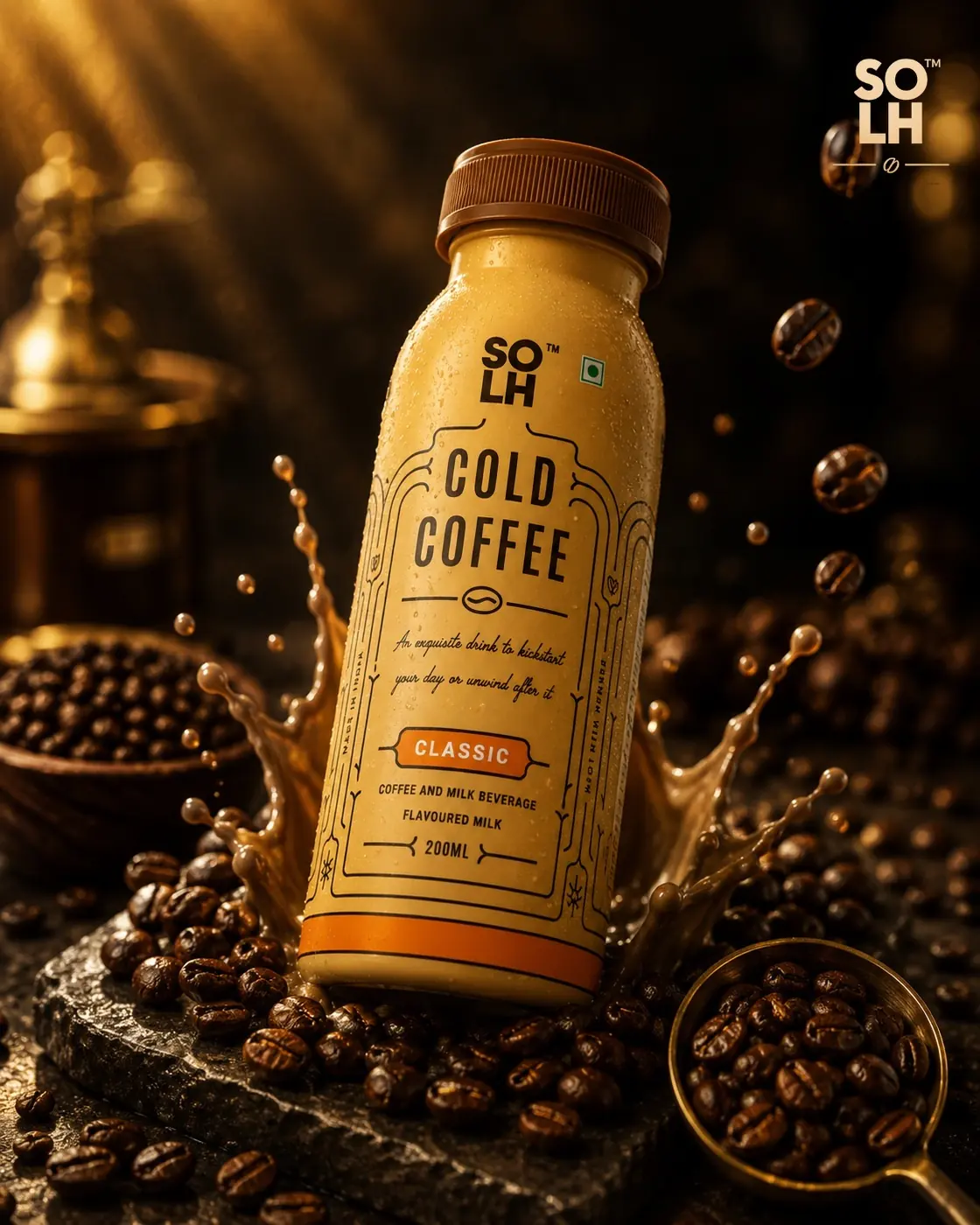 SOLH Cold Coffee bottle among roasted coffee beans